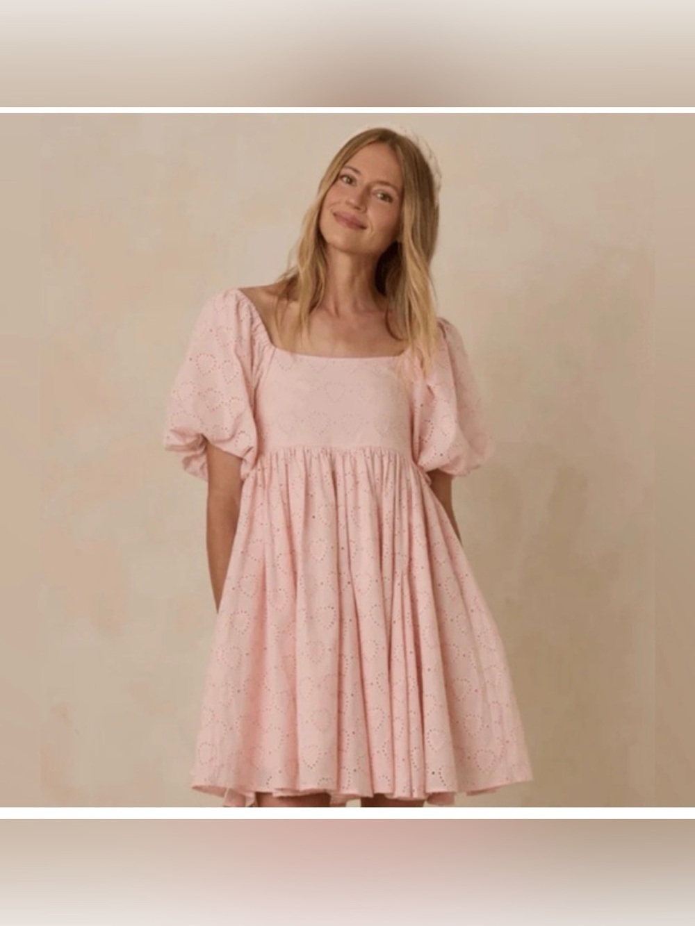 Free People Blush Eyelet Puff-Sleeve Square-Neck Mini Dress